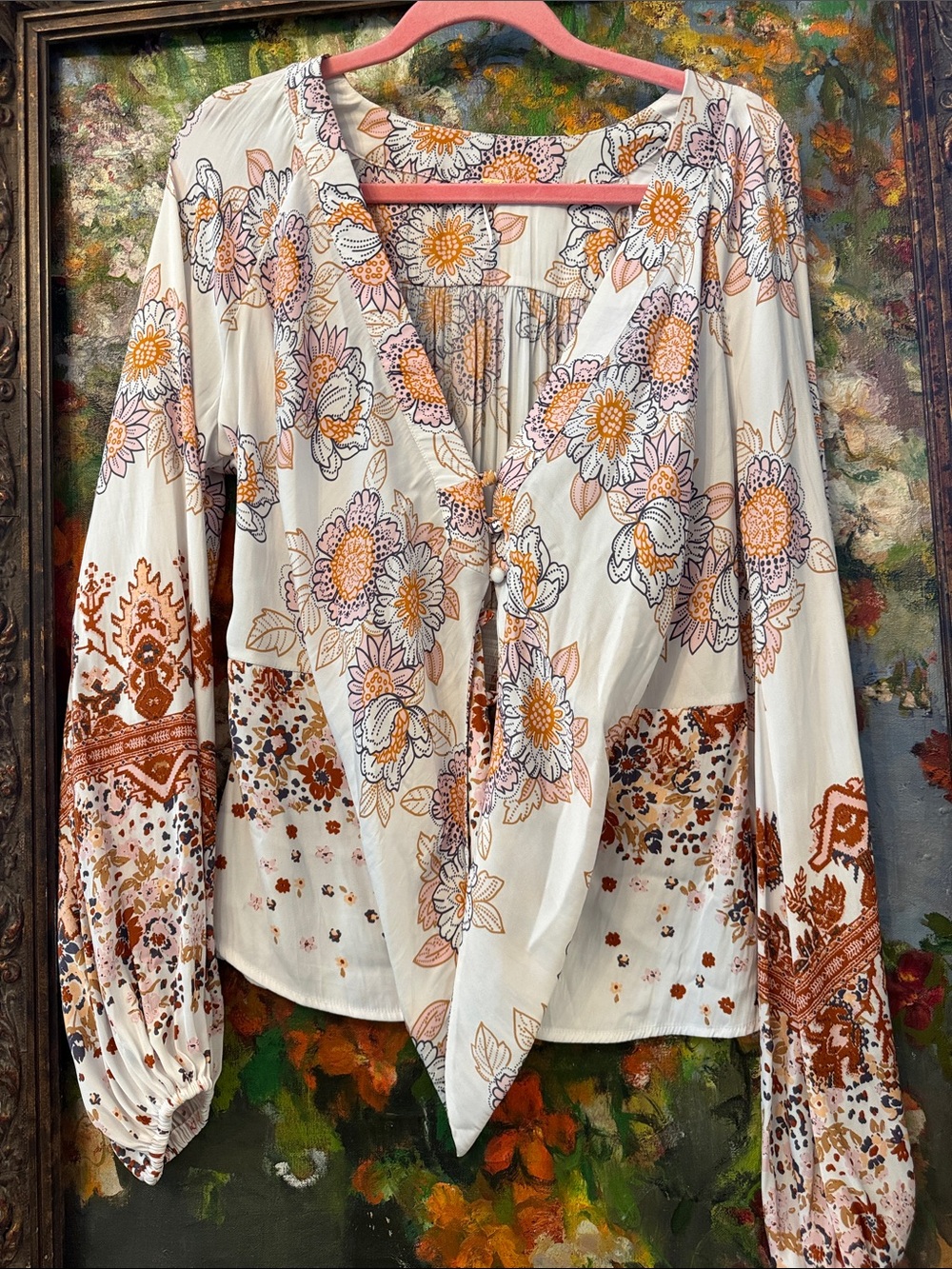 Free People Cream Floral Tie-Front Blouse with Orange & Pink Accents